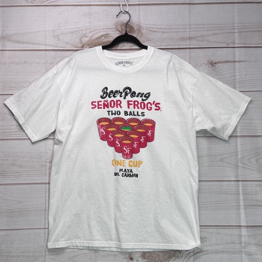 Senor Frogs Playa Del‎ Carmen Beer Pong Graphic T-Shirt Mens XL White Souvenir